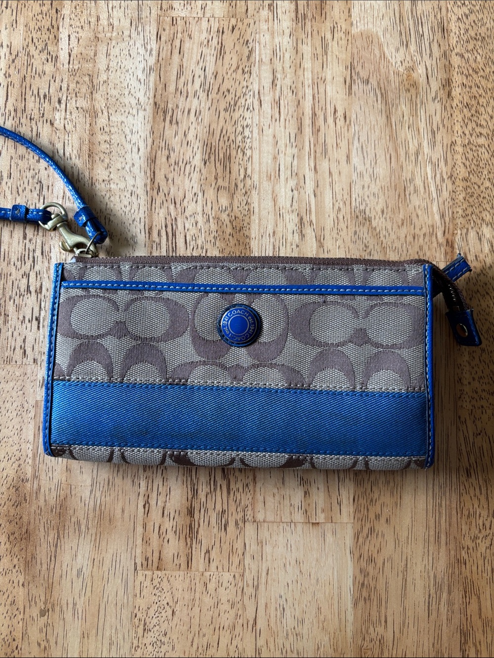 Coach Brown Signature Canvas Wristlet with Bright Blue Trim